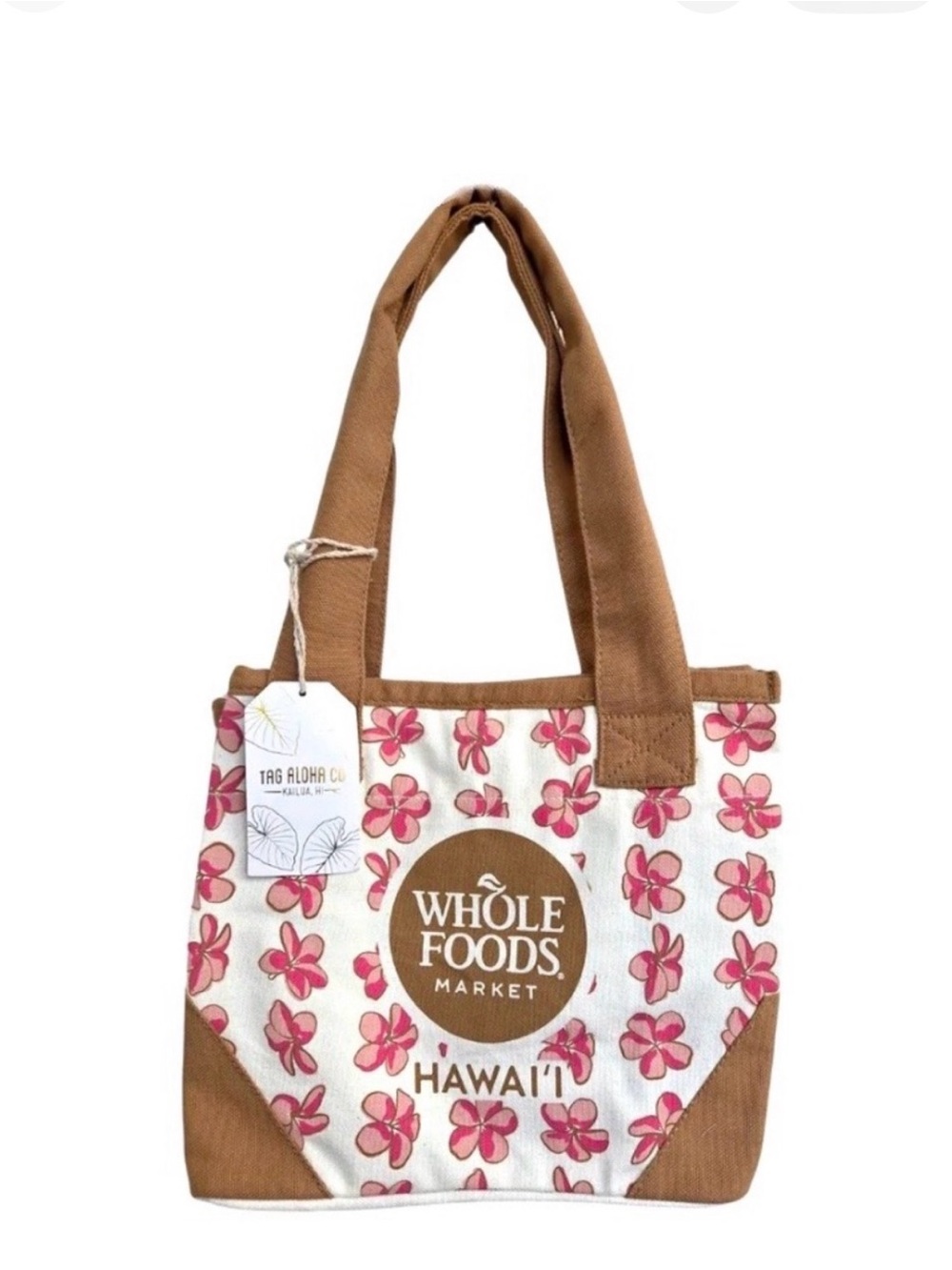 Whole Foods Market Hawai'i Pink Floral Tote with Brown Handles
